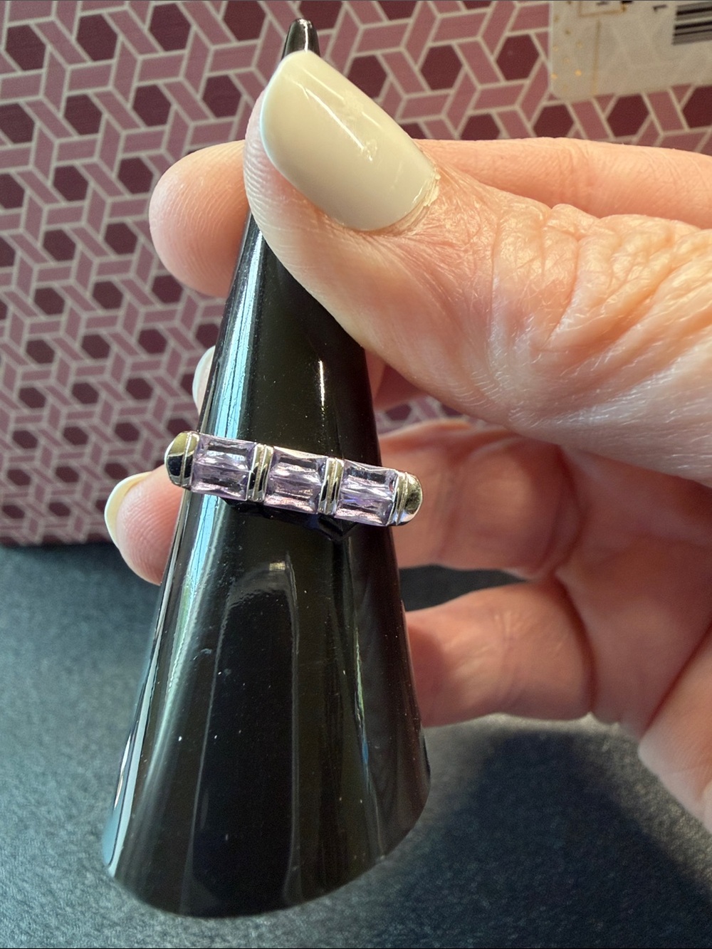 Sterling Silver Purple Three-Stone Bar Ring